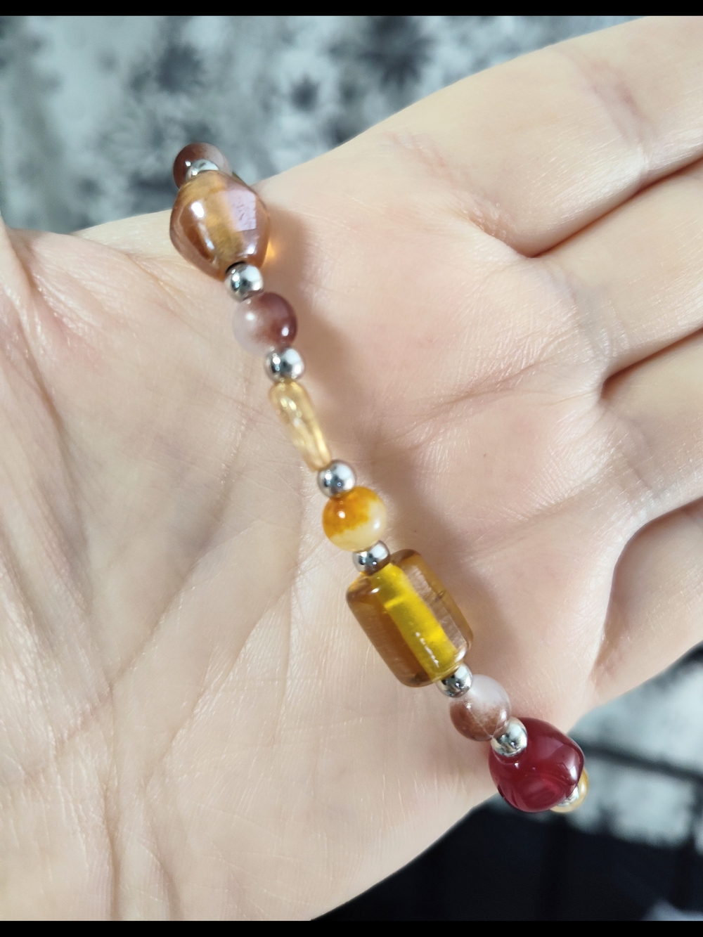 Hand Crafted Amber, Gold & Red Glass Bead Bracelet - Picture 4 of 4